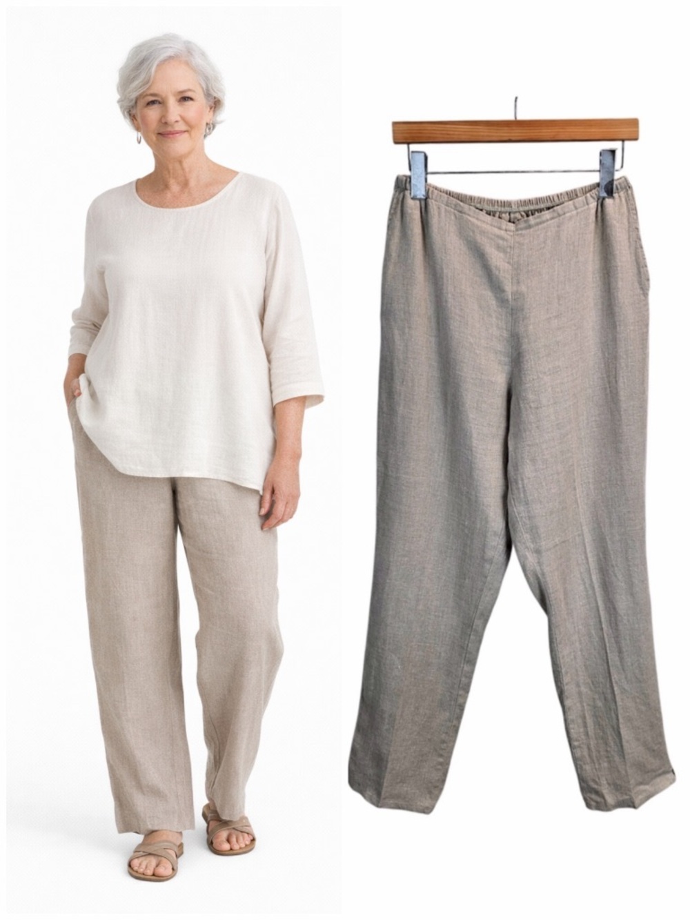 FLAX 100% Linen Pants S Beige Oatmeal Straight Leg Elastic Waist Linencore
